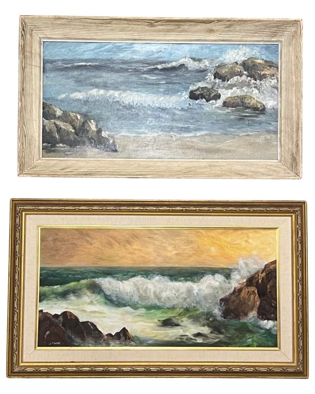 D. Harvey & J. Morse Seashore Oil Paintings: Two Seashore Oil Paintings. One is by D. Harvey, second is by J. Morse. Oil on Board. Measure 37" x 22" and 35" x 20". Good Condition.