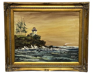 Robert Freeman- Lighthouse Oil Painting: Robert Freeman (20th Century/ American). Oil on Canvas. Signed lower right corner. Measures 25" x 22" framed. Good Condition.