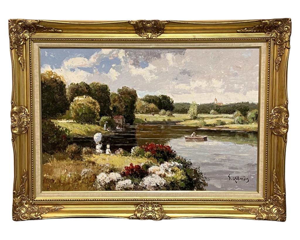 S. Razin- Summer at the Lake Oil Painting: S. Razin (20th Century/ European School). Oil on Canvas. Signed lower right corner. Measures 45" x 33" framed. Good Condition.