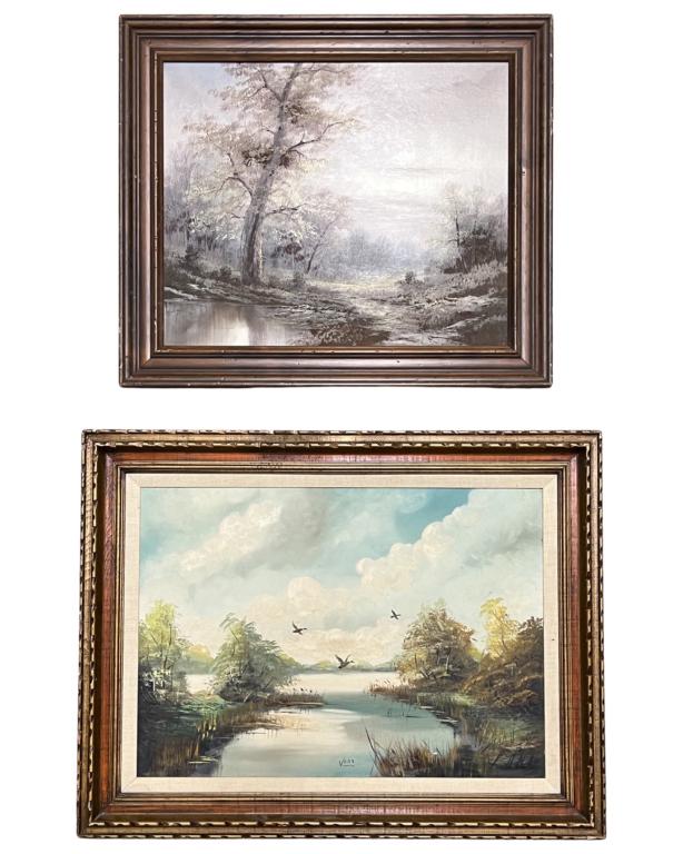 Two Vintage Landscape Oil Paintings: Two Vintage Landscape Oil Paintings. One is signed Vera, Second- Signature Illegible. Both are Oils on Canvas. Measure 36" x 28" and 30" x 25 1/2". Good Condition.