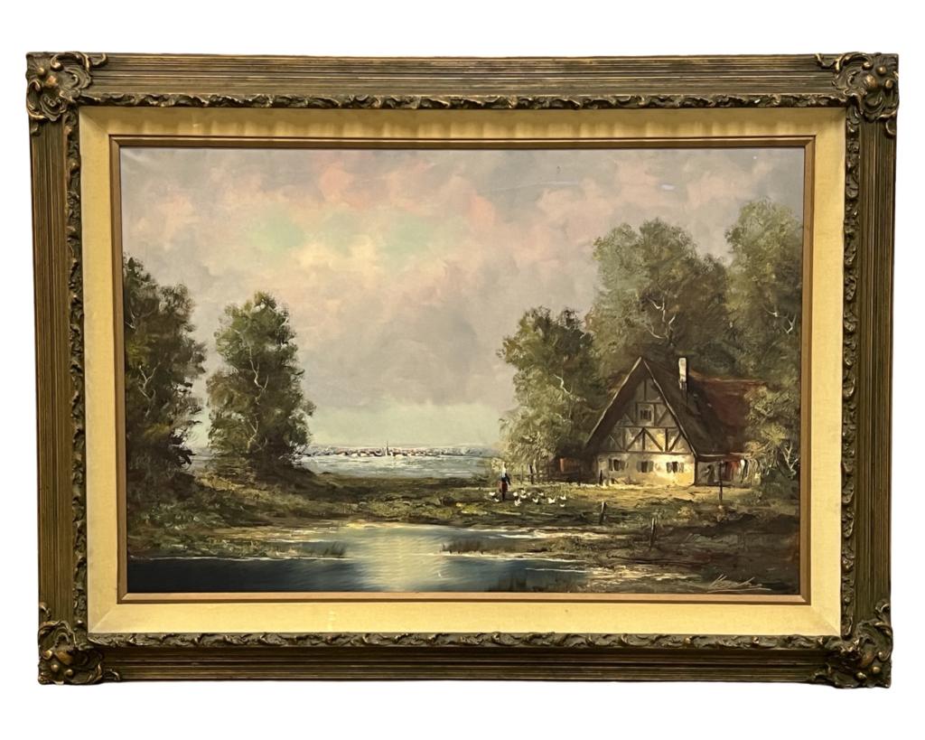 A. Henke- Cottage by the Lake Oil Painting: A. Henke (b.1925/ German). Oil on Canvas. Signed lower right corner. Measures 45" x 23" framed. Good Condition.