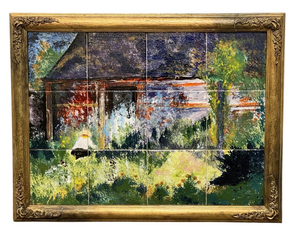 Unknown Artist- Impressionist Framed Art Tile: Unknown Artist (20th Century). Impressionist Painting painted on 12 tiles. Signed "SZS" lower right. Measures 29" x 22" framed. Good Condition.