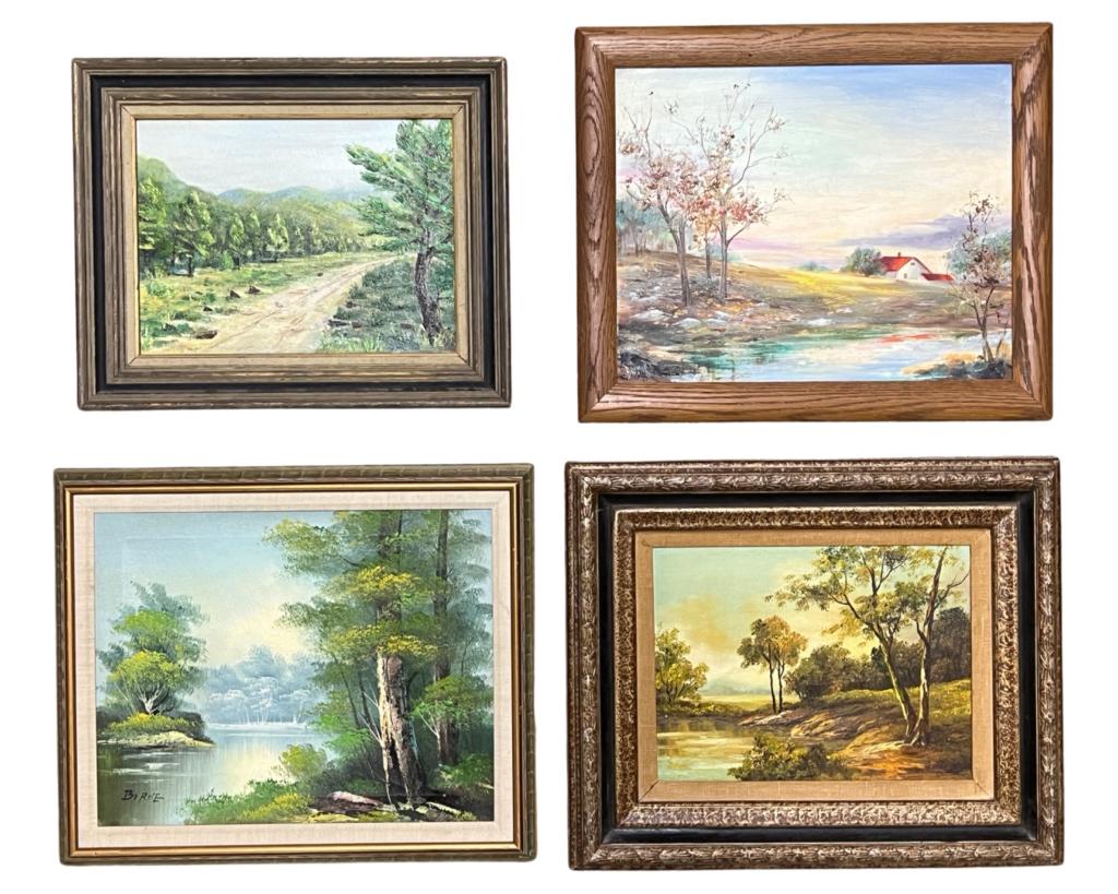 Four Vintage Landscape Oil Paintings: Four Vintage Landscape Oil Paintings including Worl of Art by Burke, G. Moser and Bremer. 3 are Oils on Canvas, one is Oil on Board. Largest is 25" x 20" framed. Good Condition.