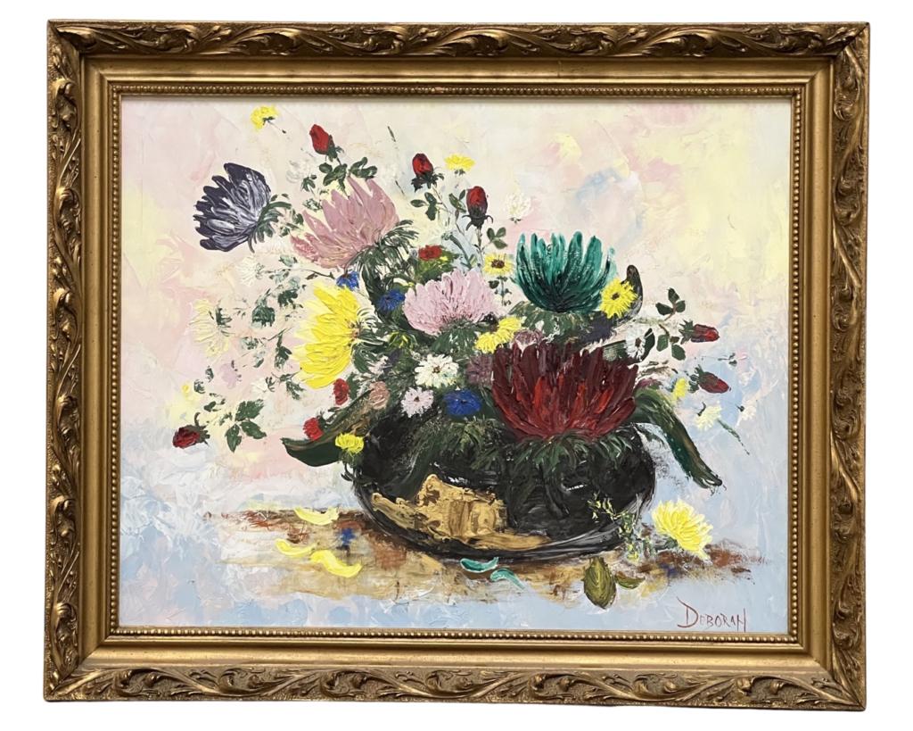Large Still Life Oil Paintin by Deborah: Deborah (20th Century/ American School). Flowers Still Life Oil on Canvas. Signed lower right corner. 36" x 20" framed. Good Condition.