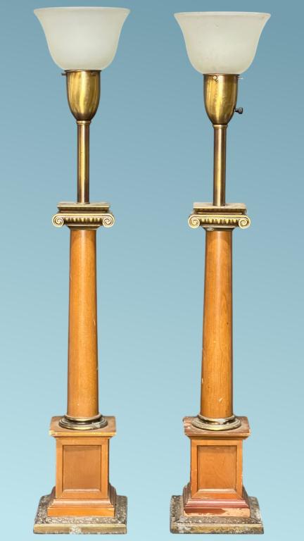 Pair of Wood Column & Brass Torchiere Lamps (1 of 4)