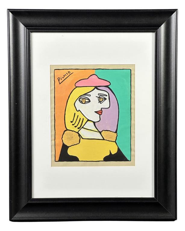 Pablo Picasso (in style) Lady Portrait Painting: Watercolor on Paper Cubist Portrait of a Lady in style of Pablo Picasso (1881 - 1973/ Spain, France). Signed "Picasso" at the top. Gallerie Mathias Fels and Marina Picasso Stamps on verso. Measures 20