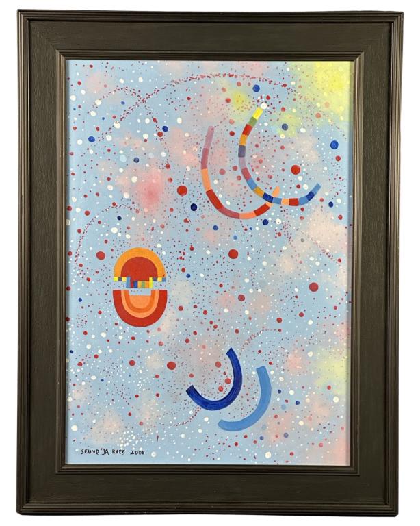Seund Ja Rhee- Abstract Oil Painting: Seund Ja Rhee (1918-2009/ South Korea, France). Abstract Oil on Canvas. Signed and dated 2006 lower left corner. Galerie Cavalero Label on Veros and Republic of Peru Certification Papers. Measures 34"