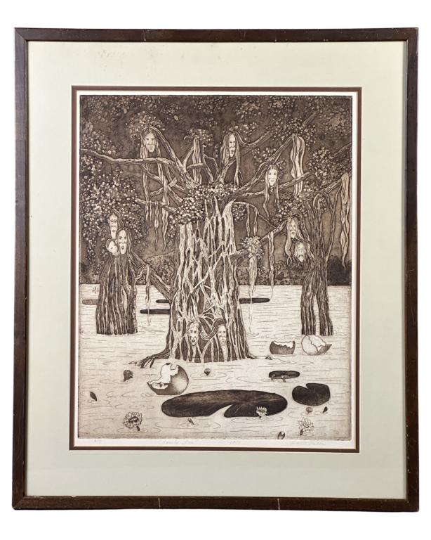 Marcia Miele- Surrealistic Woodblock Print: Marcia Miele (20th Century/ American). Surrealistic Woodblock Print titled "Family Tree". Signed in pencil lower right corner. Titled and dated 1974. #3 out of 5. Measures 27 1/2" x 23" framed. Good C