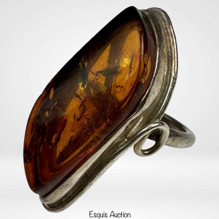 Vintage Sterling Silver & Amber Ladies Ring (1 of 5)