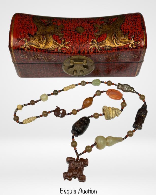 Asian Chinese Semi-Precious Stones Carved Necklace: Asian/ Chinese Semi-Precious Stones Carved Necklace, Jade/ Jadeite Figural Beads, Bone Carved Snake Figural Bead, Stone Carved Monkey Bead, Copper Tiger Figural Bead, etc... Pendant is made in form of