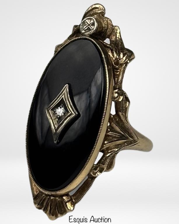 10k Gold Oval Black Onyx & Diamond Ring (1 of 4)