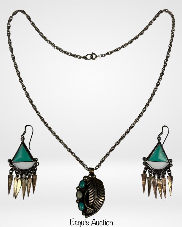 Larry Joe Navajo Sterling Earrings & Necklace: Native American Navajo Sterling Silver Earrings with Turquoise and Native American Sterling Necklace with pendant. Necklace is 18" long. Good Condition.