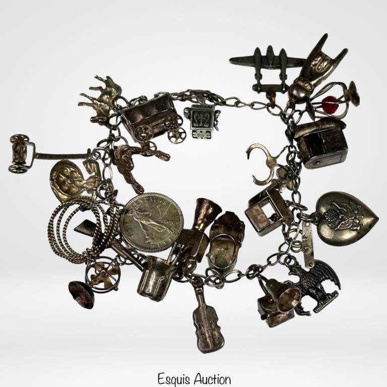 Vintage Sterling Silver Bracelet w/ Charms & Coins (1 of 7)