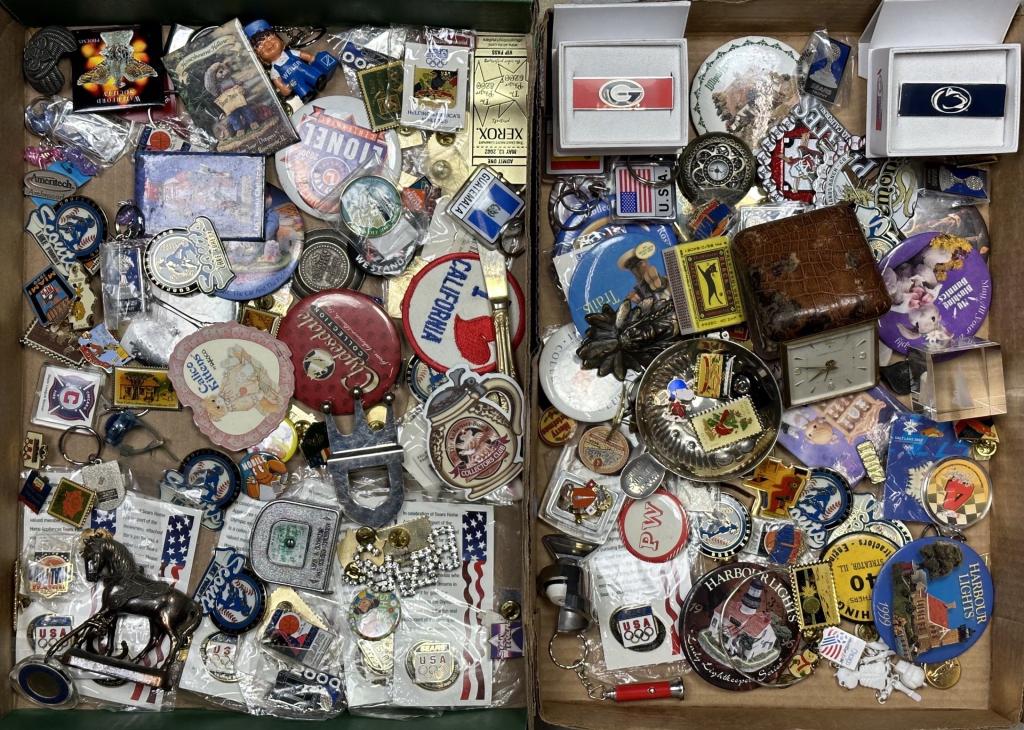Grandpa's Junk Drawer Lot- Pins, Keychains, Badges: Grandpa's Junk Drawer Lot- Pins, Keychains, Badges, etc... Unsearched.