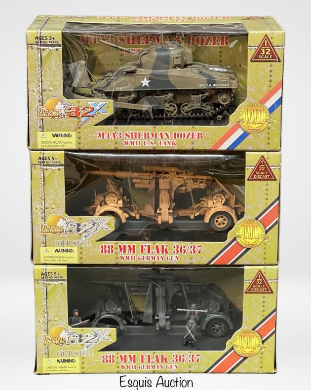 Ultimate Soldier WWII Diecast Tank & Gun Models: "The Ultimate Soldier- 1/32 Scale Diecast Models including WWII US M4A3 Sherman Dozer Tank, WWII German 88mm Flak 36/37 Gun and WWII German 88mm Flak 36/37 Gun with Crew. All are in mint condition.