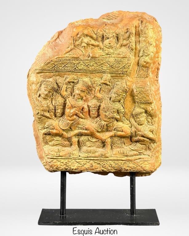 Buddhist Thai Terracotta Votive Stele Sculpture: Buddhist Thai Terracotta Votive Stele with Dancing Scene. Mounted on metal stand. Age unknown. Measures 17" x 10" x 4".