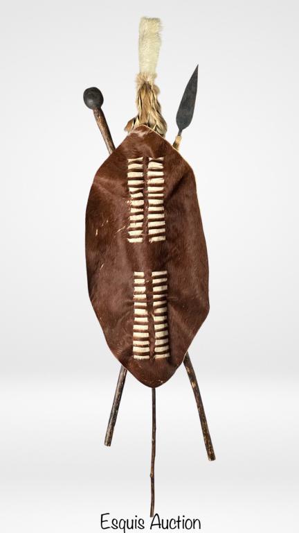 African Zulu Shield w/ Assegai Spear & Ball Club (1 of 2)