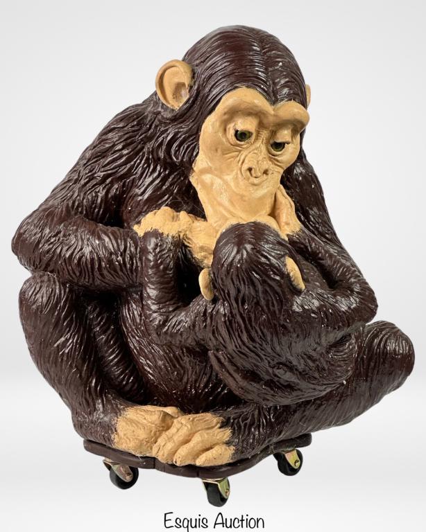 Large Chimpanzee Monkey w/ Baby Statue: Large Chimpanzee Mother and Baby Statue. Made in late 1970's by Universal Statuary Inc. Rolling Wheels were added later by prev. owner. Measures 20" x 18" x 16". Good overall condition with some minor