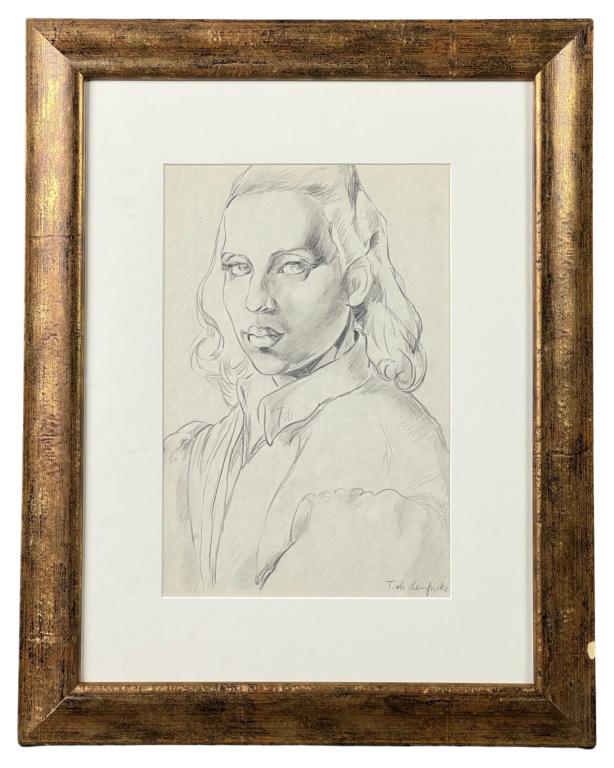 Tamara de Lempicka- Girl Portrait Drawing: Girl Portrait Drawing in Style of Tamara Gurwik-Gorska De Lempicka (1898 - 1980, USa/ France/ Poland/ Mexico). Girl Portrait Pencil Drawing on Paper. Signed lower right corner. "Galerie Matis Fels" St