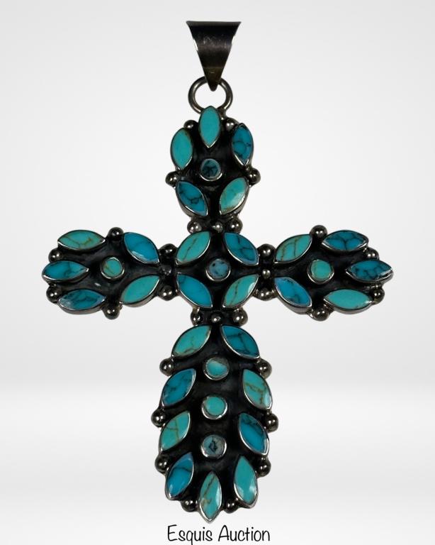 Large Sterling Silver & Turquoise Cross Pendant (1 of 3)