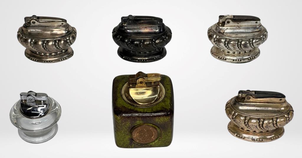 Vintage Tabletop/ Desk Cigarette Lighters- Ronson: Lot of Vintage Tabletop/ Desk Cigarette Lighters including four Ronson Crown, One with Vintage Coins on each sideand one with Glass Body. Normal wear, untested.