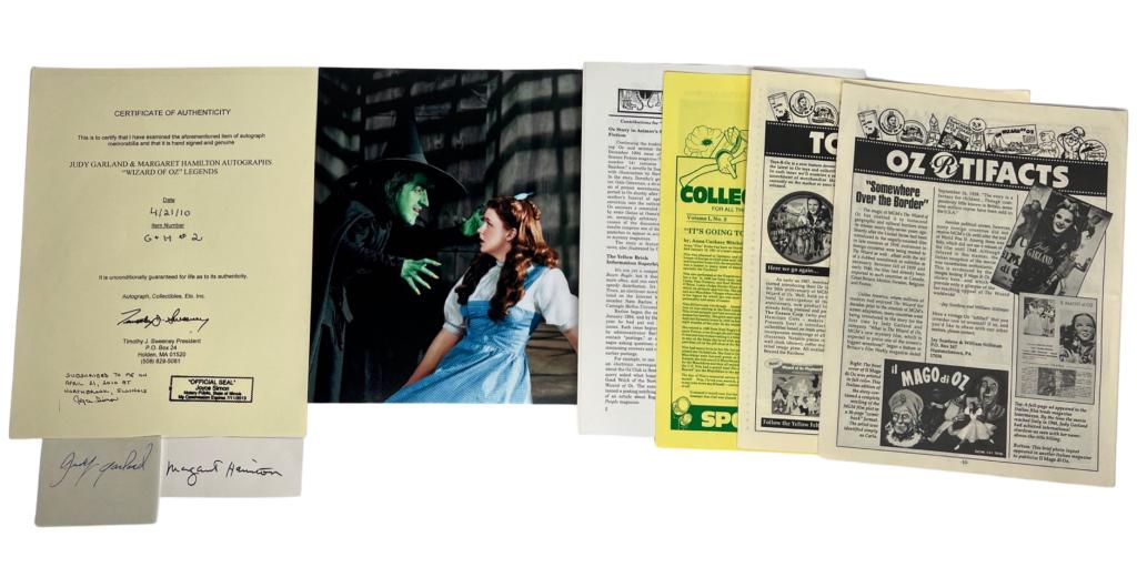 Judy Garland & Margaret Hamilton Autographs: "Wizard of Oz" Collectibles including Judy Garland (Dorothy) and Margaret Hamilton (Witch) Autographs. Come with Photograph, Wizard of Oz Newslettersand Magazine. COA. Good Condition. We truly believe