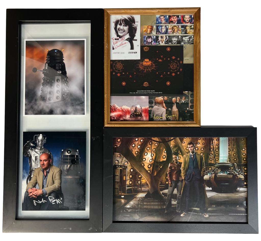 "Doctor Who"- Autographs & Framed Art: Collage of Doctor Who including Stamp Cachet for 50th Anniversary of the show with 11 stamps (number 799 out of edition of 10000). BBC TV Early Publicity Photo signed by Elizabeth Sladen. Framed Pictu