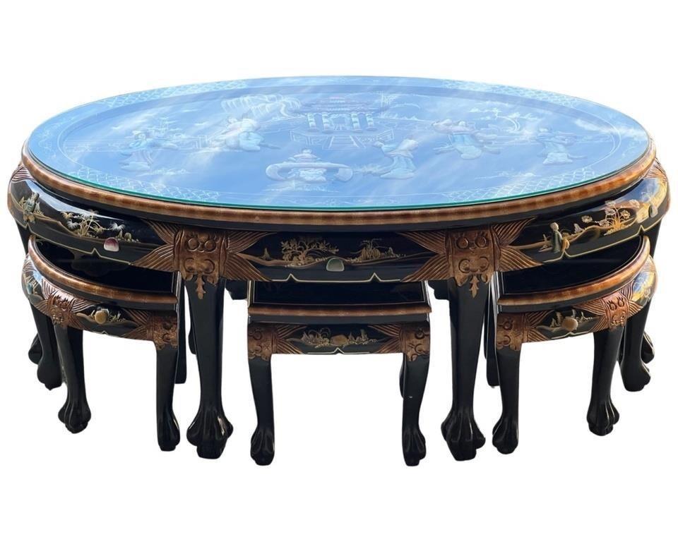 Chinese Export Black Lacquer Tea Table & Stools (1 of 8)