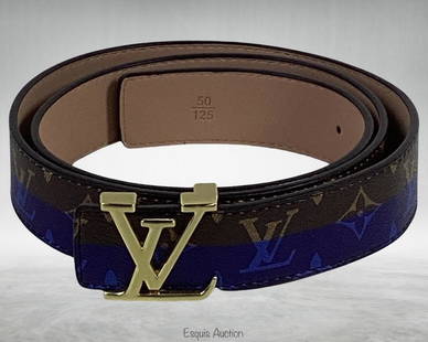 Louis Vuitton Two Tone Monogram Belt 50/125: Louis Vuitton Two Tone Monogram Belt. Szie- 50/125. Good Condition. PLEASE READ BEFORE BIDDING: Esquis Auction does not have specialists on designer purses, handbags & accessories and we can not guara