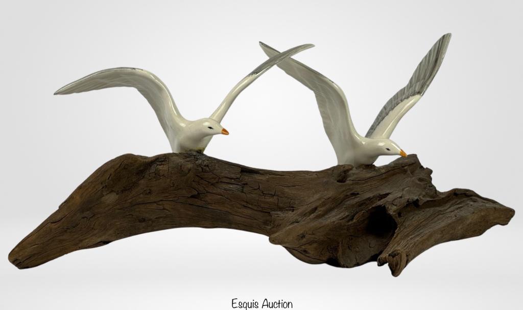 Mid Century Seagulls on Driftwood Base Sculpture: Mid Century Ceramic Seagulls on Driftwood Base Sculpture. Artist signed- Joni. 17" x 7". Good Condition.