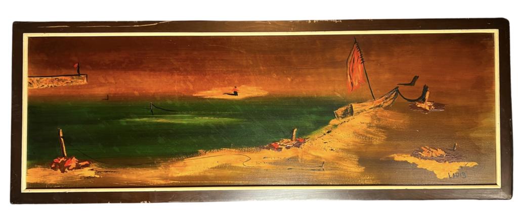 Mid Century Modern - Shoreline Sunset Oil Painting: Unknown Artist (mid 20th Century/ American School). Shoreline Sunset Oil on Board. Signed "Louis" lower right corner. 63”x23”. Good Condition,some scratches on frame.