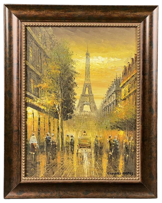 Paris Street Life in style of Edouard Cortes: Paris Street Life Oil on Canvas in style of Edouard Cortes (1882-1969/ France). Signed lower right corner. Measures 20" x 16" framed. Good Condition.