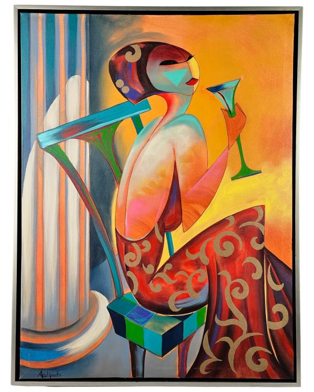 Alexander Archipenko (in Style)-Modernist Painting: Modernist Lady Figure sitting with champagne flute in style of Alexander Archipenko (1887-1964, USA / France/ Russia). Signed "Archipenko" lower left corner. Oil on Canvas. 50”x38” framed.