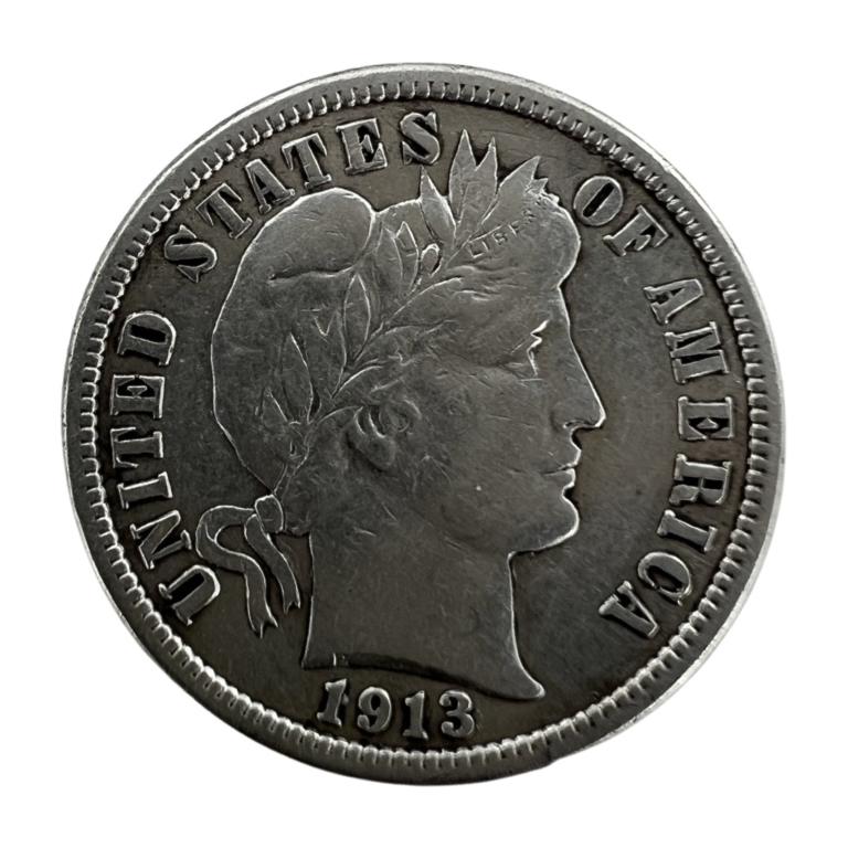 1913 P US Silver Barber Dime Coin- Higher Grade (1 of 2)