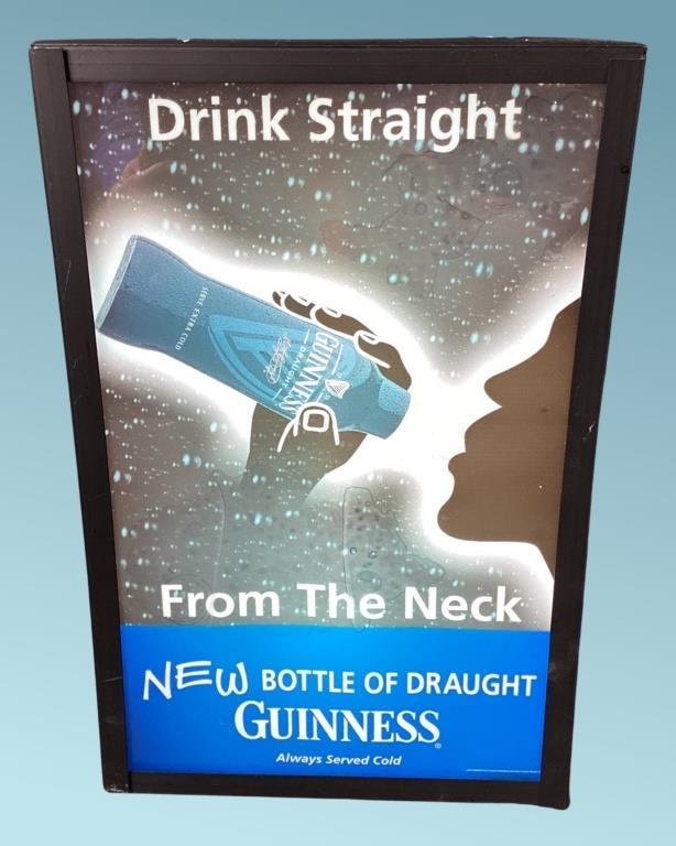 Guinness- Drink Straight Light Up Beer Sign: Guinness- "Drink Straight" Light Up Advertising Sign. 13" x 8" x 3 1/2". Good working condition.