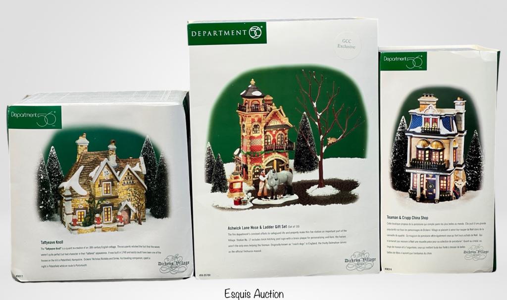 Department 56 Dicken's Village Christmas Cottages: Department 56 Dicken's Village Christmas Cottages- Tattyeave Knoll, Ashwick Lane Hose & Ladder Gift Set and Teaman & Crupp China Shop. All appear to be in mint/ near mint condition in original boxes.