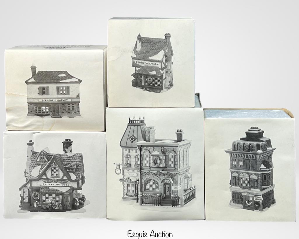 Department 56 Heritage Christmas Village Cottages: Department 56 Heritage Christmas Village Cottages- Scrooge & Marley Counting House, T. Wells Fruit and Spice Shop, Quilly's Antiques, The Flat of Ebenezer Schrooge, Thomas Mudge Timepieces. All appear