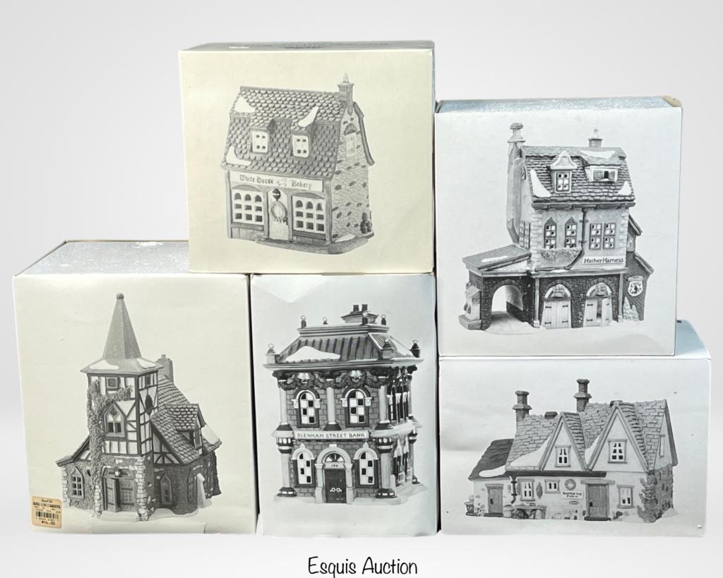 Department 56 Heritage Christmas Village Cottages: Department 56 Heritage Christmas Village Cottages- Butter Tub Farmhouse, Hather Harness, White Horse Bakery, Old MIchael Church, Blenham Street Bank. All appear to be in mint/ near mint condition in o