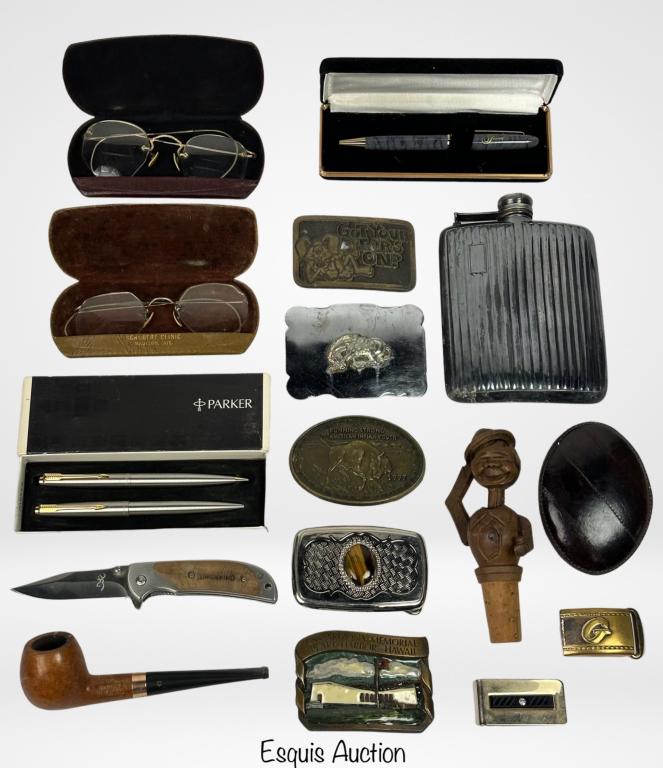 Gentlemen's Lot- Pens, Belt Buckles, Pipe, Flask, (1 of 11)