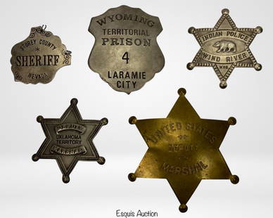 Vintage Obsolete Law Enforcement Sheriff Badges: Vintage Obsolete Law Enforcement Sheriff Badges - Wyoming Territorial Prison, US Deputy Marshall, Oklahoma Territory Deputy Marshall, Indian Police Wind River Wyoming.