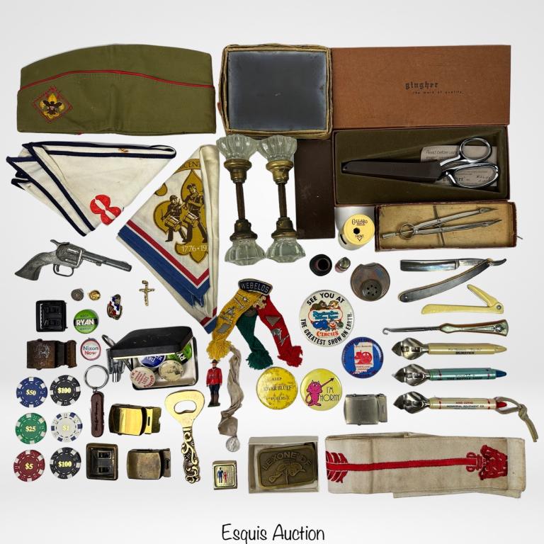 Grandpa's Junk Drawer Lot- Boy Scouts, Pins, Buckl: Grandpa's Junk Drawer Lot- Boy Scouts Collectibles, Pins, Buckles, Pocket Knives, Toy Gun, etc... Unsearched.