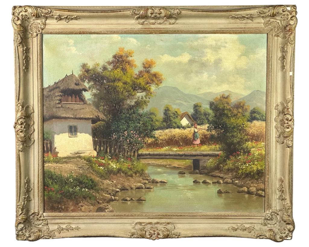 Bela Barsi- Village Scene Oil Painting: Bela Barsi (1872 - 1913/ Poland, Hungary). Village Scene Oil on Canvas. Signed lower left corner. 31”x37” framed. Good condition, some losses to frame.