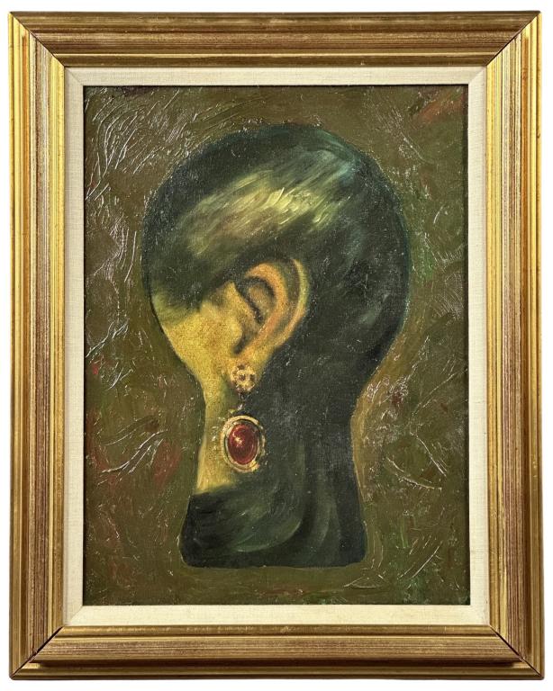 Arthur Ross- Ladies Ear Surrealistic Oil Painting: Arthur "Dad" Ross (20th Century/ American).Ladies Ear with Earring seen through the key hole. Unsigned. Oil on Canvas. 20”x16” framed. Good Condition.