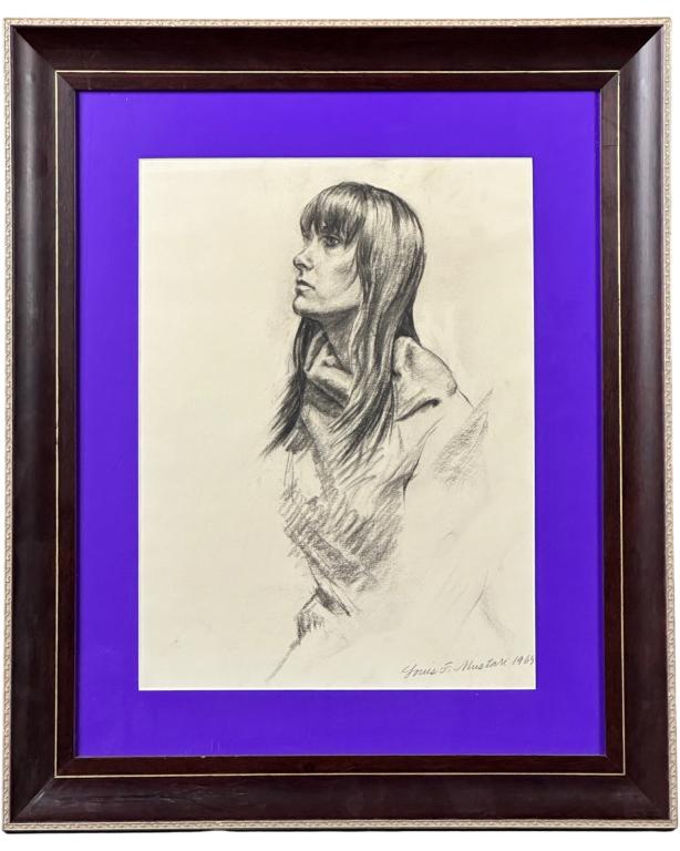 Louis Frank Mustari- Charcoal Portrait of a Woman: Louis Frank Mustari (b. 1930/ Italy). Charcoal on Paper- Portrait of a Woman. Signed and dated 1969 lower right corner. 23 1/2”x19 1/2” framed. Good Condition.