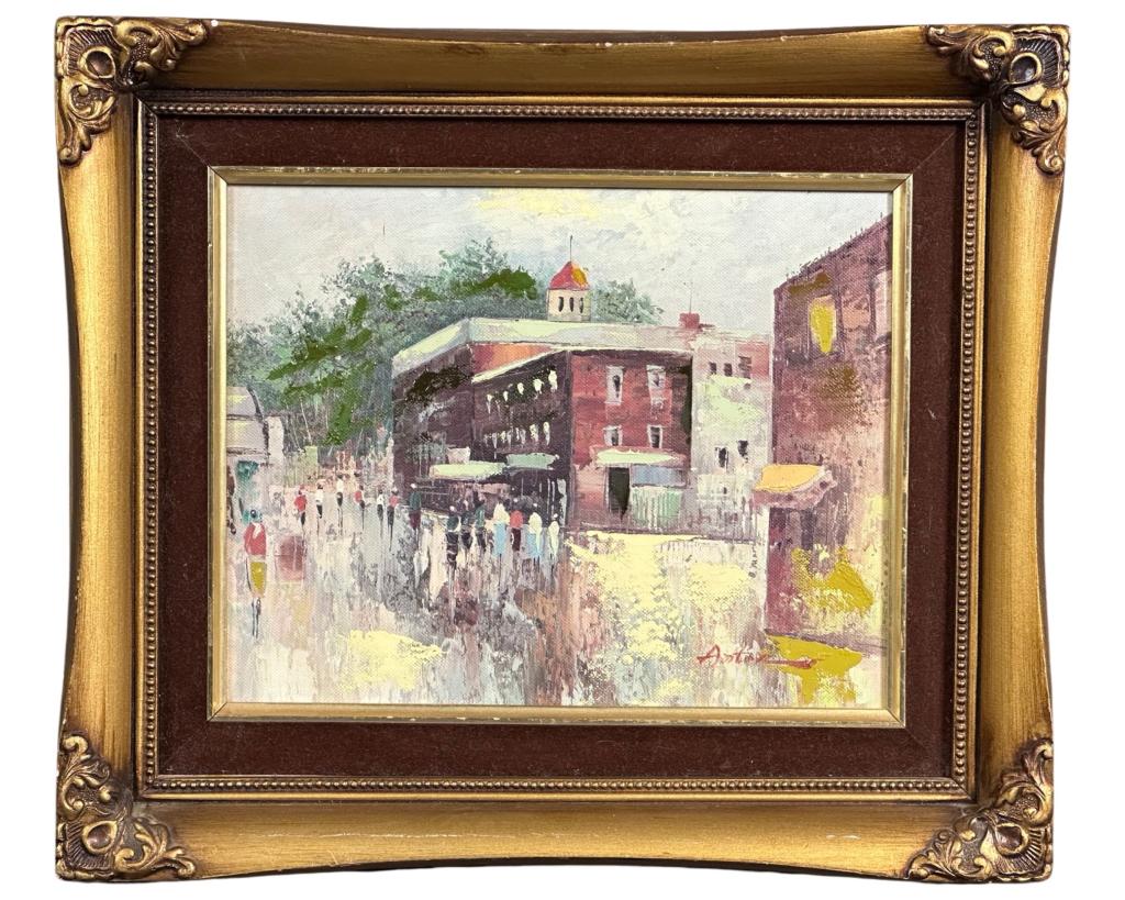 Anton-European Town Street Scene Oil Painting: Anton (20th Century/ Europe). Town Street Scene Oil on board. Sigend lower right corner. 14”x12” framed. Good Condition.