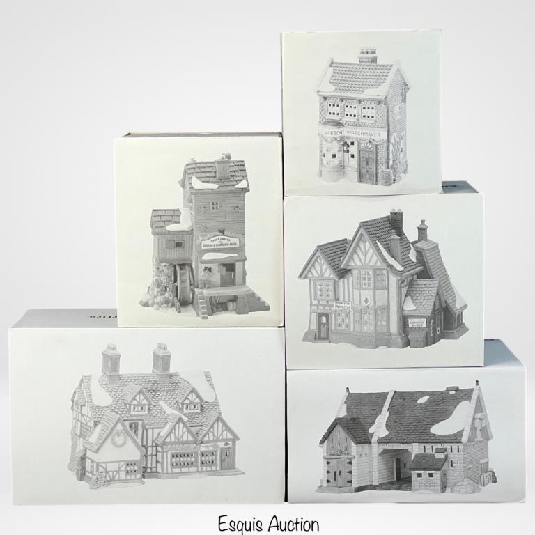 Department 56 Dickens Christmas Village Cottages: Department 56 Dickens Christmas Village Cottages. Lot of 5 including Ashbury Inn, Butter Tub Barn, Hembleton Pewterer, Great Denton Mill and Geo Weeton Watchmaker. All appear to be in mint/ near mint 