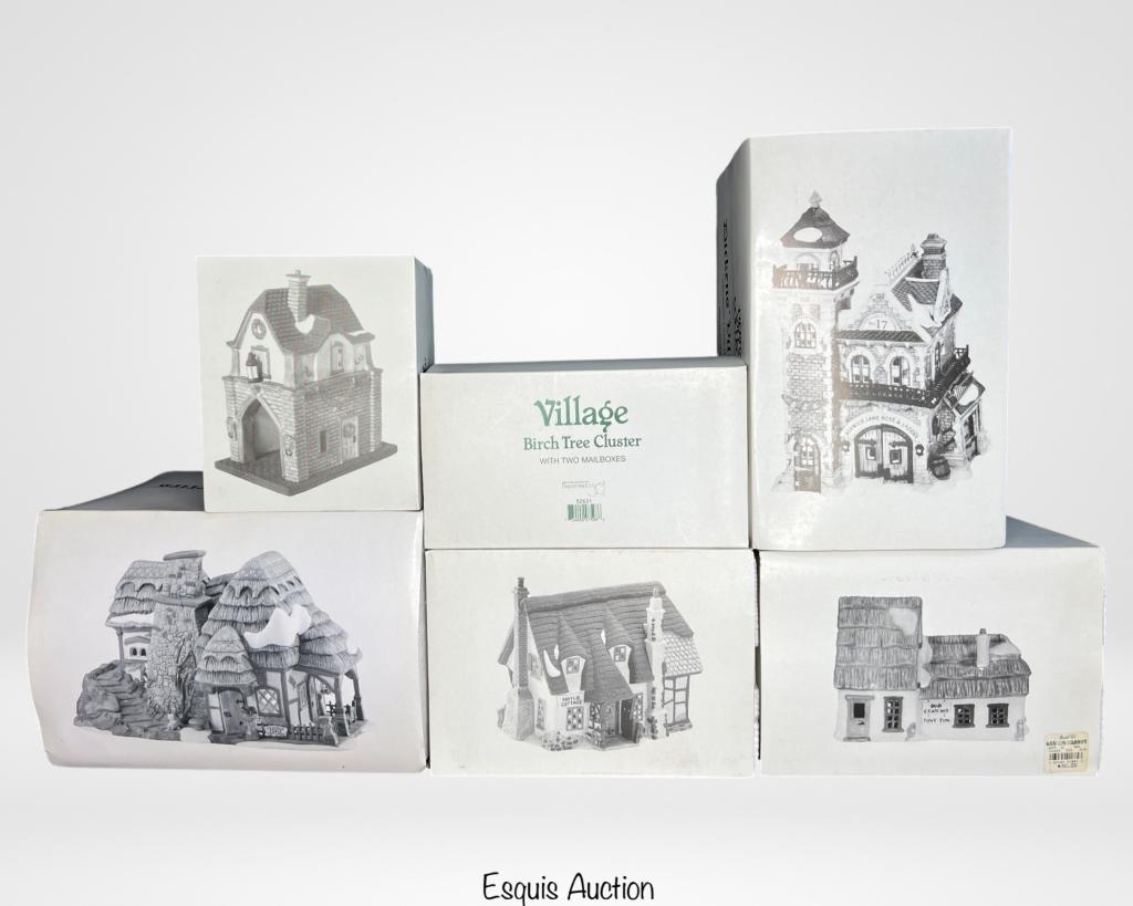 Department 56 Dickens' Christmas Village Houses: Department 56 Dickens Christmas Village Cottages. Lot of 6 including Crooked Fence Cottage, Maylie Cottage, Ashwick Lane Hose & Ladder, Birch Tree Cluster with Mailboxes, The Cottage of Bob Cratchit a