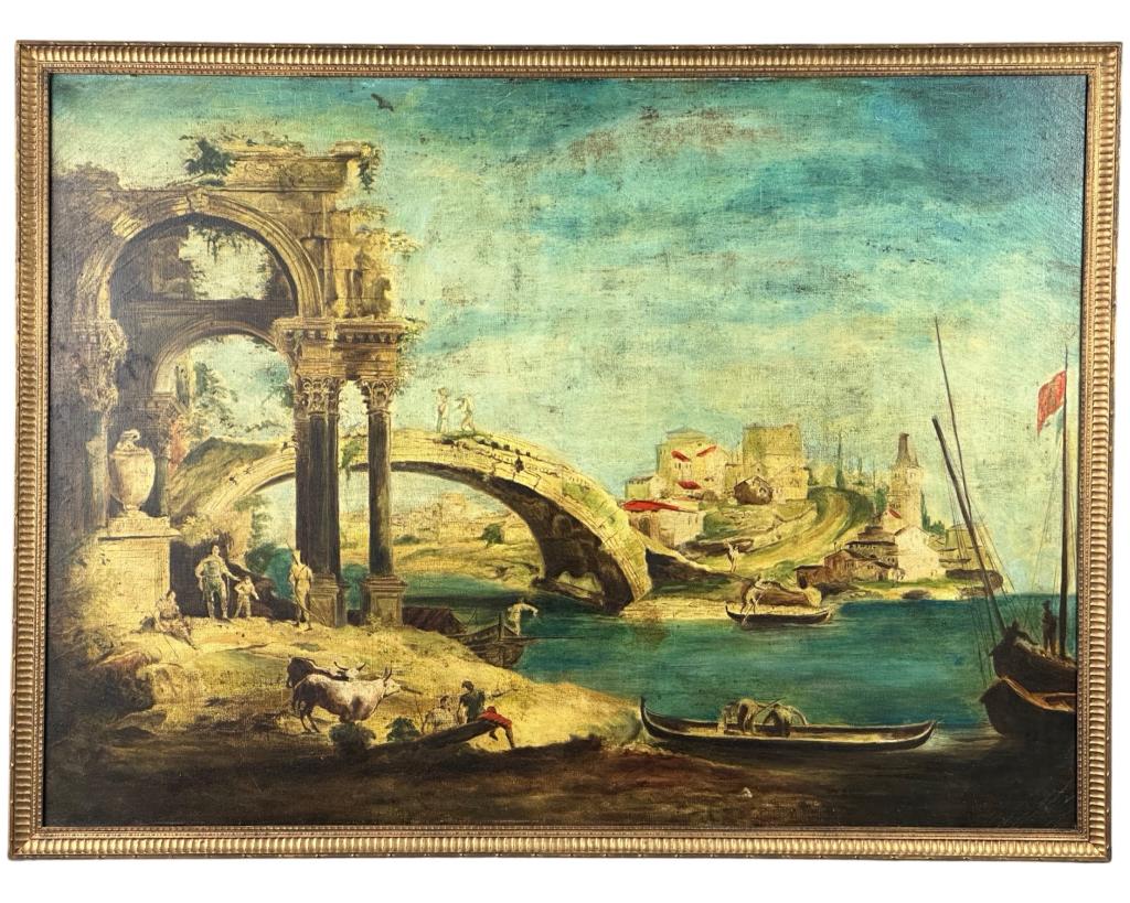 Wieslaw Paprocki- Shores of Lagoon Oil Painting: Wieslaw Paprocki (mid 20th Century/ Poland). "On the shores of the lagoon" Oil on Canvas. Painting is painted in manner of Francesco Guardi (1712â€“1793). Signe dand titled on verso with 1950's P