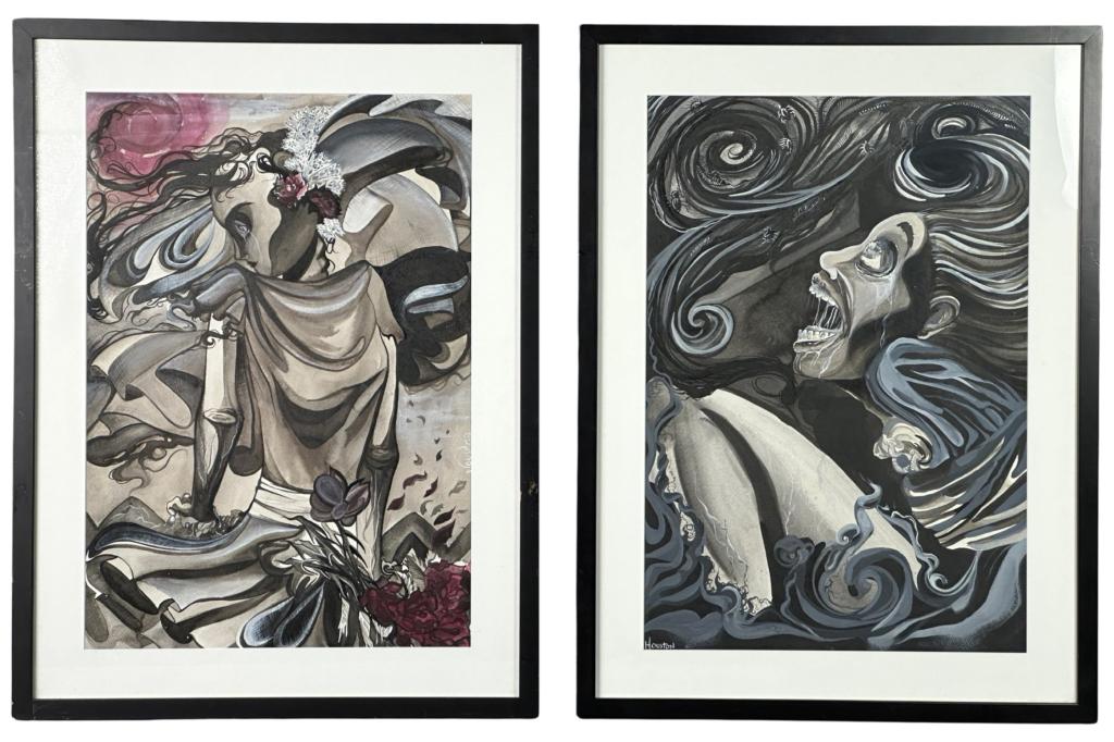 Corpse Bride & Crazy Man Watercolor Paintings: Corpse Bride & Crazy Man Watercolor Paintings. Both Signed Houston. 27" x 20" framed. Good Condition.