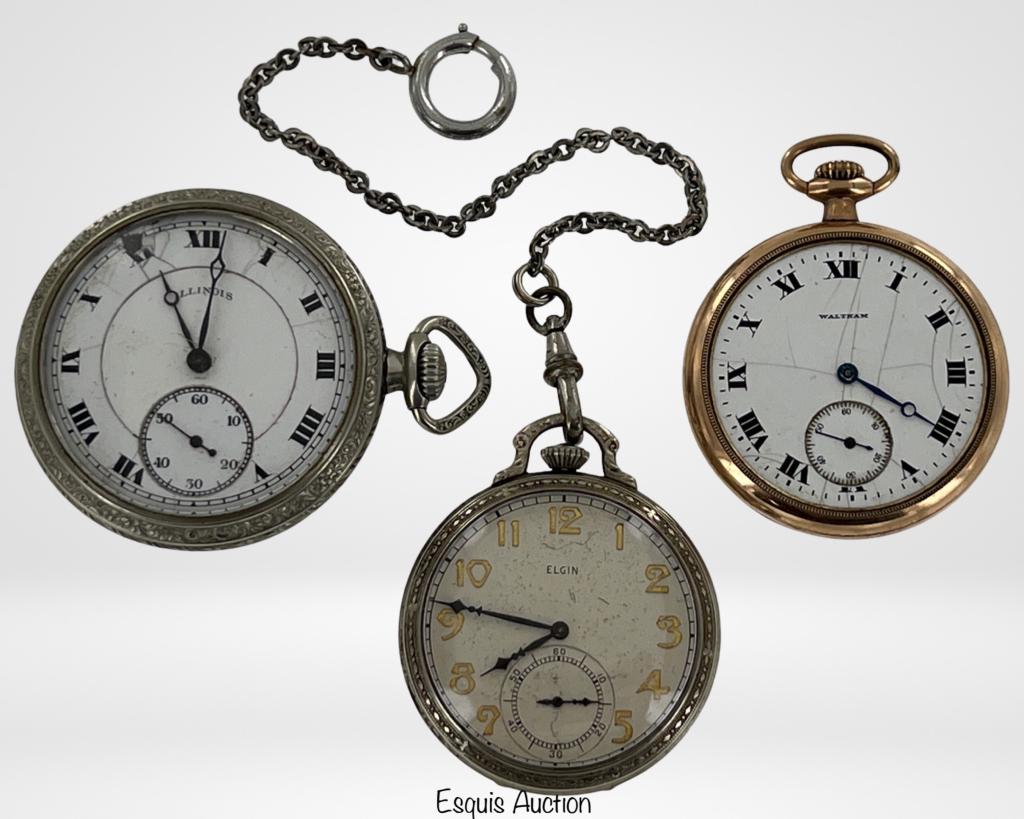 3 Antique Pocket Watches- Elgin, Waltham, Illinois (1 of 11)
